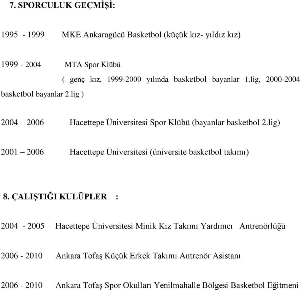 lig) 2001 2006 Hacettepe Üniversitesi (üniversite basketbol takımı) 8.