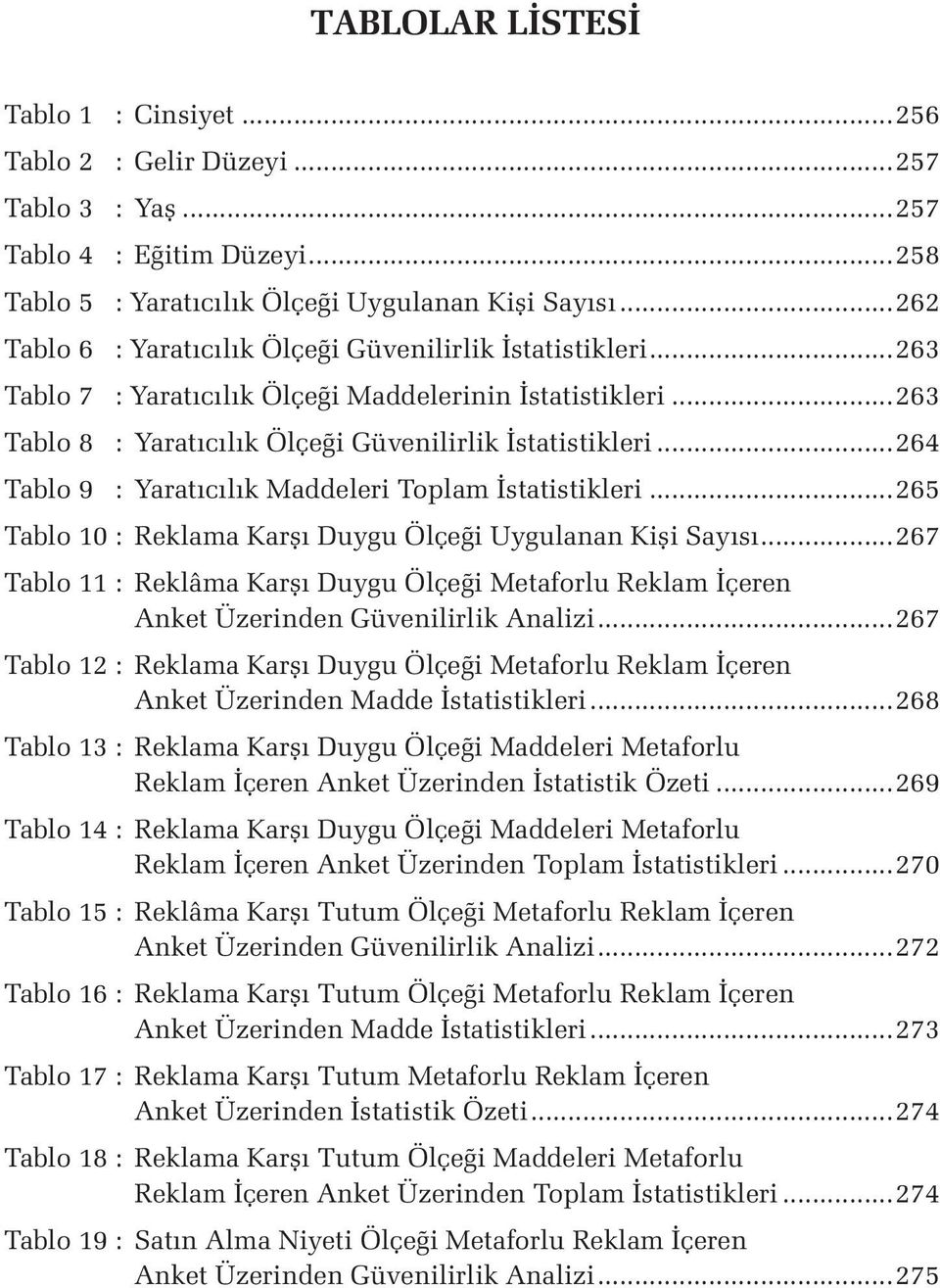 ..264 Tablo 9 : Yaratıcılık Maddeleri Toplam İstatistikleri...265 Tablo 10 : Reklama Karşı Duygu Ölçeği Uygulanan Kişi Sayısı.