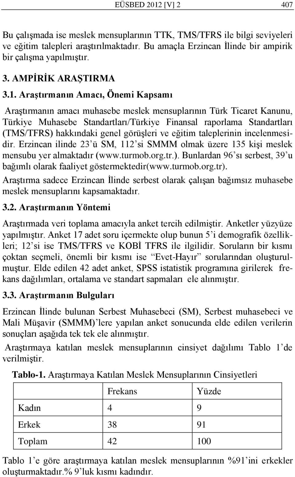 AraĢtırmanın Amacı, Önemi Kapsamı AraĢtırmanın amacı muhasebe meslek mensuplarının Türk Ticaret Kanunu, Türkiye Muhasebe Standartları/Türkiye Finansal raporlama Standartları (TMS/TFRS) hakkındaki