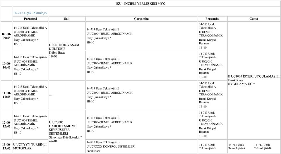 Kürşad Başaran -A U UC5010 TERMODİNAMİK Burak Kürşad Başaran -A U UC5010 TERMODİNAMİK Burak Kürşad Başaran U UC4005 İŞYERİ UYGULAMASI II UYGULAMA UC * 13:45 -A U UC4004 TEMEL AERODİNAMİK İlkay