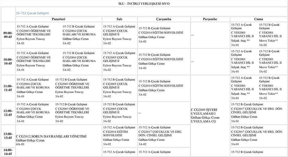 10:00-10:45 15-712 A-Çocuk Gelişimi 15-712 B-Çocuk Gelişimi C CG2003 ÖĞRENME VE ÖĞRETME TEKNİKLERİ Eylem Bayram Tuncay 3A-01 C CG2004 ÇOCUK HAKLARI VE KORUMA 15-712 A-Çocuk Gelişimi C CG2005 ÇOCUK