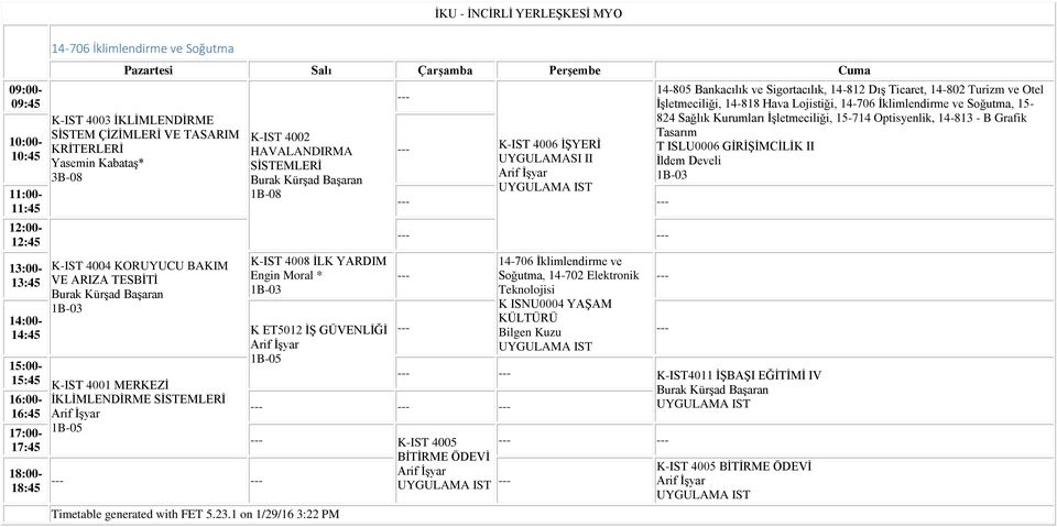 İşyar 1B-05 15:45 K-IST 4001 MERKEZİ 16:00-17:00-17:45 18:00-18:45 İKLİMLENDİRME SİSTEMLERİ Arif İşyar 1B-05 K-IST 4006 İŞYERİ UYGULAMASI II Arif İşyar UYGULAMA IST 14-706 İklimlendirme ve Soğutma,