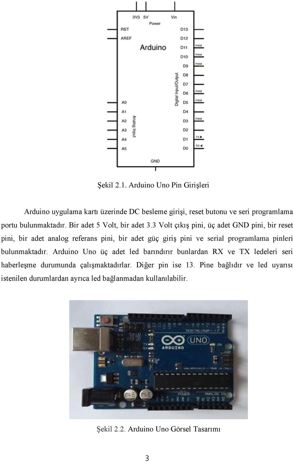 3 Volt çıkış pini, üç adet GND pini, bir reset pini, bir adet analog referans pini, bir adet güç giriş pini ve serial programlama pinleri