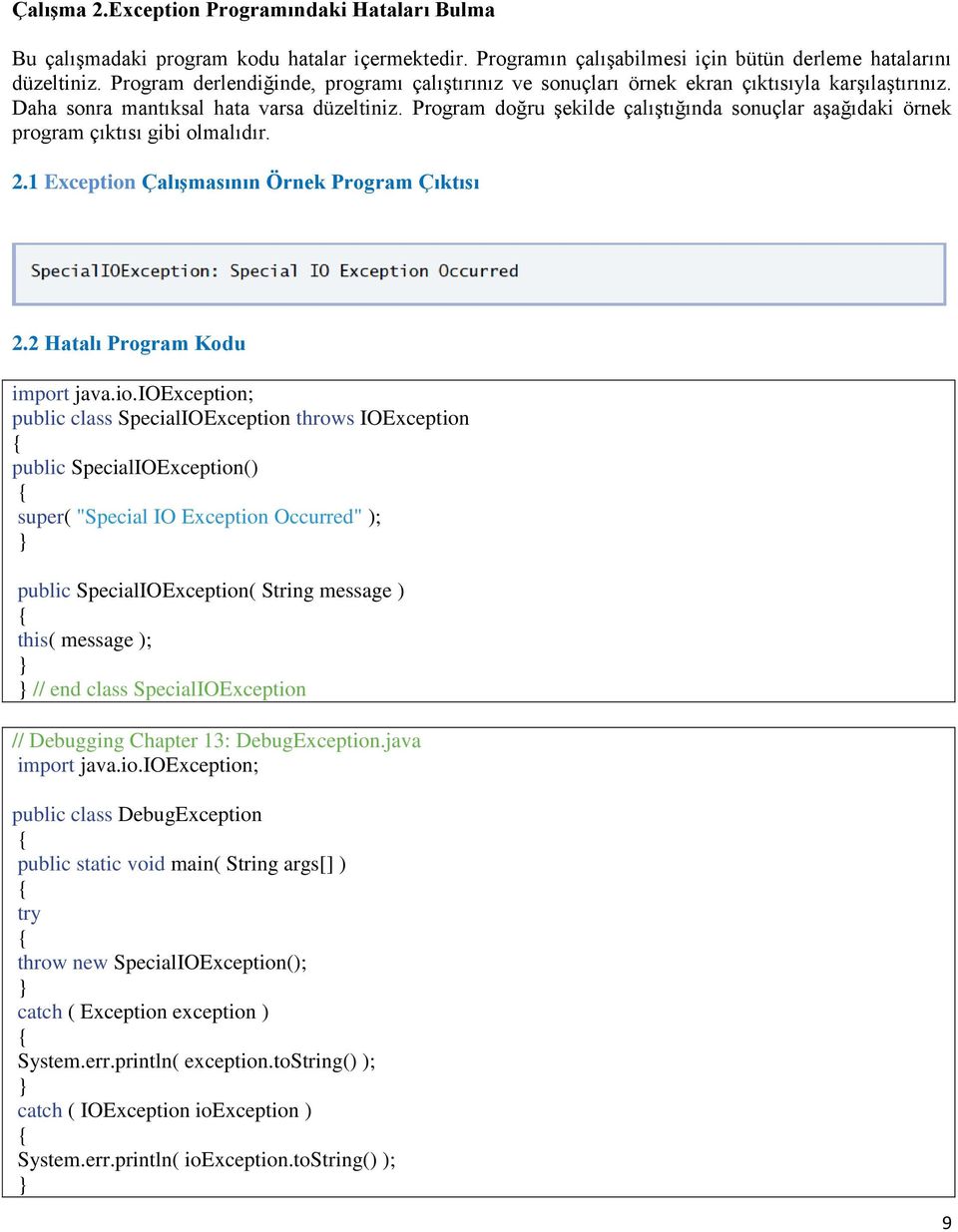 Program doğru şekilde çalıştığında sonuçlar aşağıdaki örnek program çıktısı gibi olmalıdır. 2.1 Exception