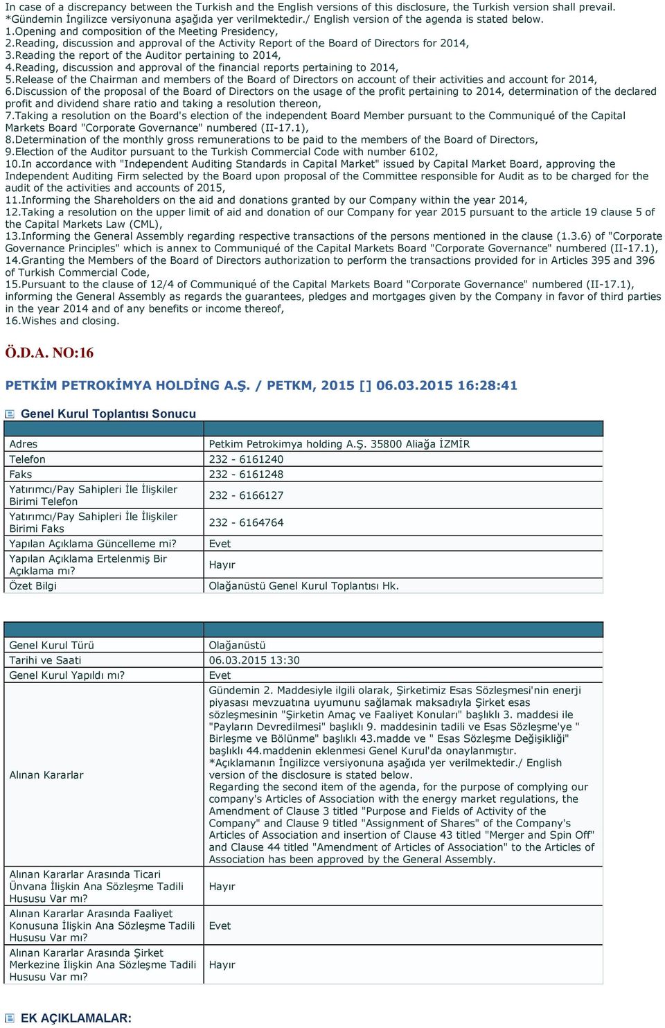 Reading, discussion and approval of the financial reports pertaining to 2014, 5.Release of the Chairman and members of the Board of Directors on account of their activities and account for 2014, 6.