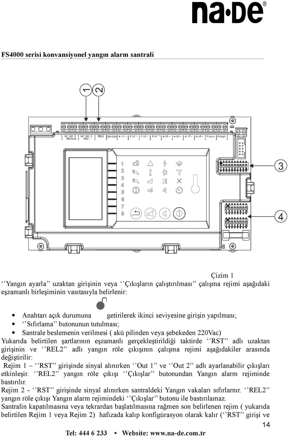 uzaktan girişinin ve REL2 adlı yangın röle çıkışının çalışma rejimi aşağıdakiler arasında değiştirilir: Rejim 1 RST girişinde sinyal alınırken Out 1 ve Out 2 adlı ayarlanabilir çıkışları etkinleşir.