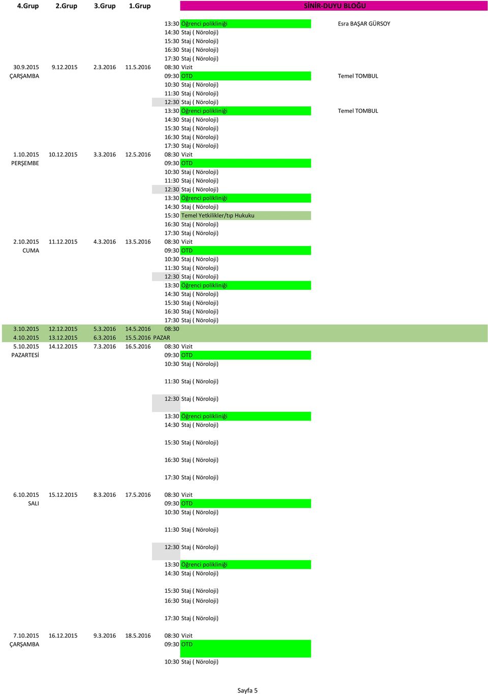 10.2015 12.12.2015 5.3.2016 14.5.2016 08:30 4.10.2015 13.12.2015 6.3.2016 15.5.2016 PAZAR 5.10.2015 14.12.2015 7.3.2016 16.5.2016 08:30 Vizit PAZARTESİ Staj ( Nöroloji) Staj ( Nöroloji) 6.