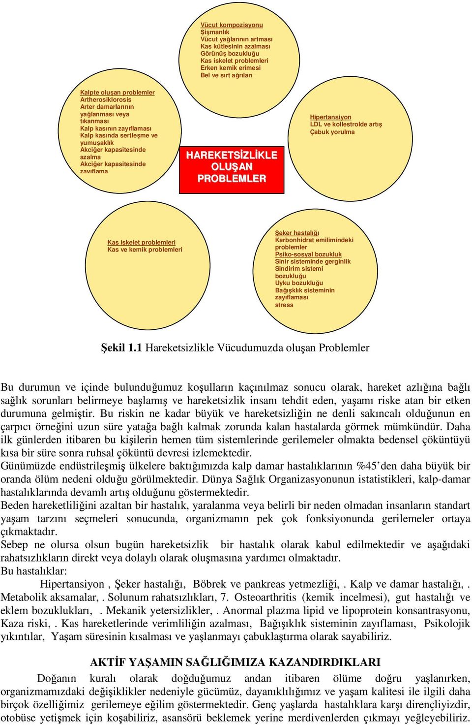 HAREKETSİZLİKLE OLUŞAN PROBLEMLER Hipertansiyon LDL ve kollestrolde artış Çabuk yorulma Kas iskelet problemleri Kas ve kemik problemleri Şeker hastalığı Karbonhidrat emilimindeki problemler