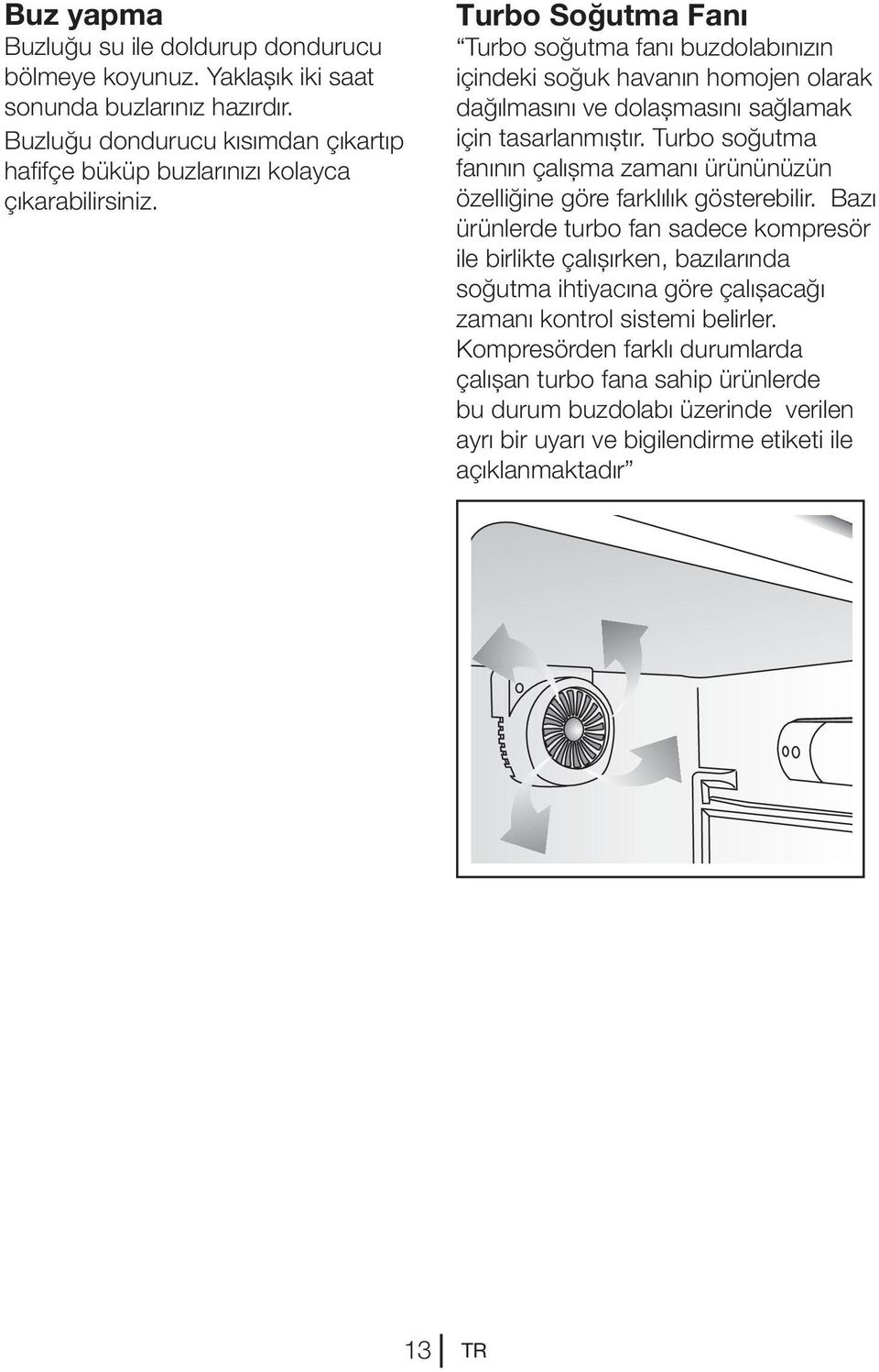 Turbo Soğutma Fanı Turbo soğutma fanı buzdolabınızın içindeki soğuk havanın homojen olarak dağılmasını ve dolaşmasını sağlamak için tasarlanmıştır.