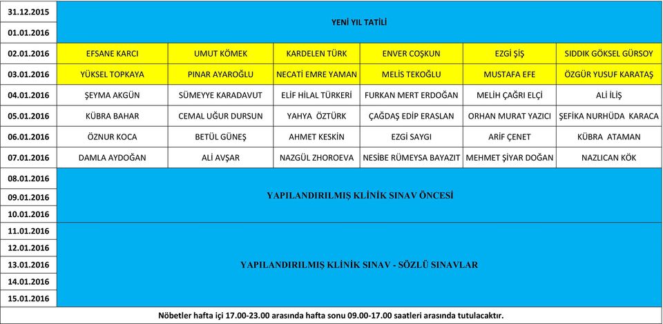 01.2016 ÖZNUR KOCA BETÜL GÜNEŞ AHMET KESKİN EZGİ SAYGI ARİF ÇENET KÜBRA ATAMAN 07.01.2016 DAMLA AYDOĞAN ALİ AVŞAR NAZGÜL ZHOROEVA NESİBE RÜMEYSA BAYAZIT MEHMET ŞİYAR DOĞAN NAZLICAN KÖK 08.01.2016 09.