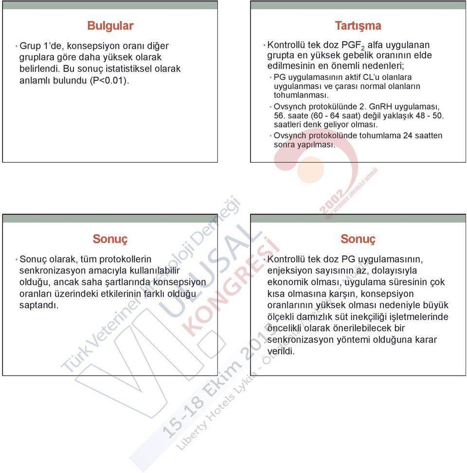 tohumlanması. Ovsynch protokülünde 2. GnRH uygulaması, 56. saate (60 64 saat) değil yaklaşık 48 50. saatli denk geliyor olması. Ovsynch protokolünde tohumlama 24 saatten sonra yapılması.