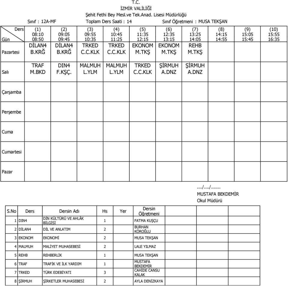 DNZ 1 DIN4 DİN KÜLTÜRÜ VE AHLÂK 2 DİLAN4 DİL VE ANLATIM 2 BURHAN KÖROĞLU 3 EKONOM EKONOMİ 2 MUSA TEKŞAN 4 MALMUH MALİYET MUHASEBESİ 2 LALE
