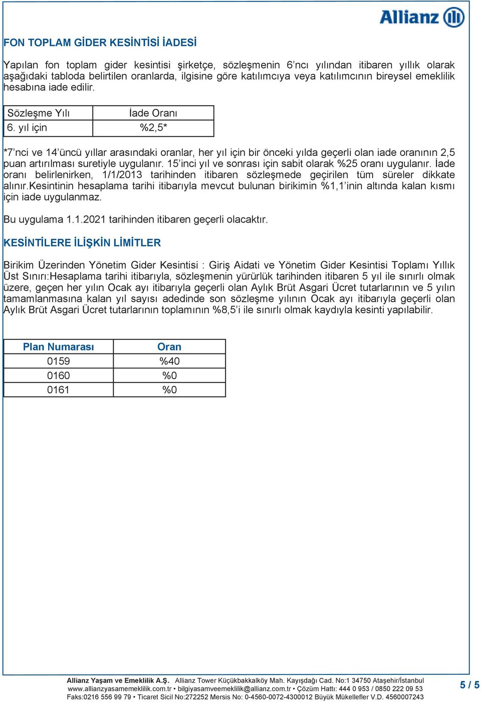 yıl için %2,5* *7 nci ve 14 üncü yıllar arasındaki oranlar, her yıl için bir önceki yılda geçerli olan iade oranının 2,5 puan artırılması suretiyle uygulanır.