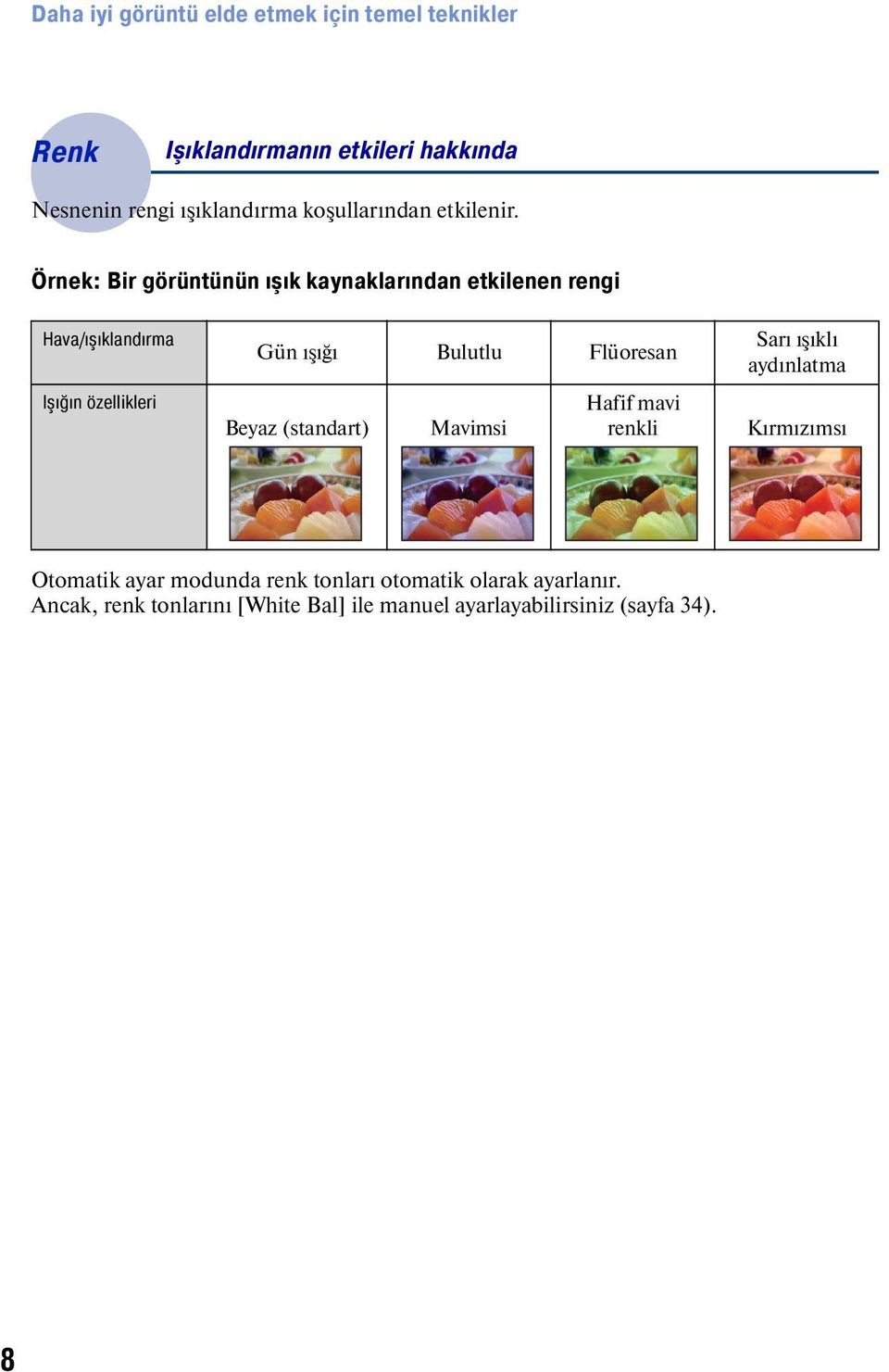 Örnek: Bir görüntünün ışık kaynaklarından etkilenen rengi Hava/ışıklandırma Işığın özellikleri Gün ışığı Bulutlu