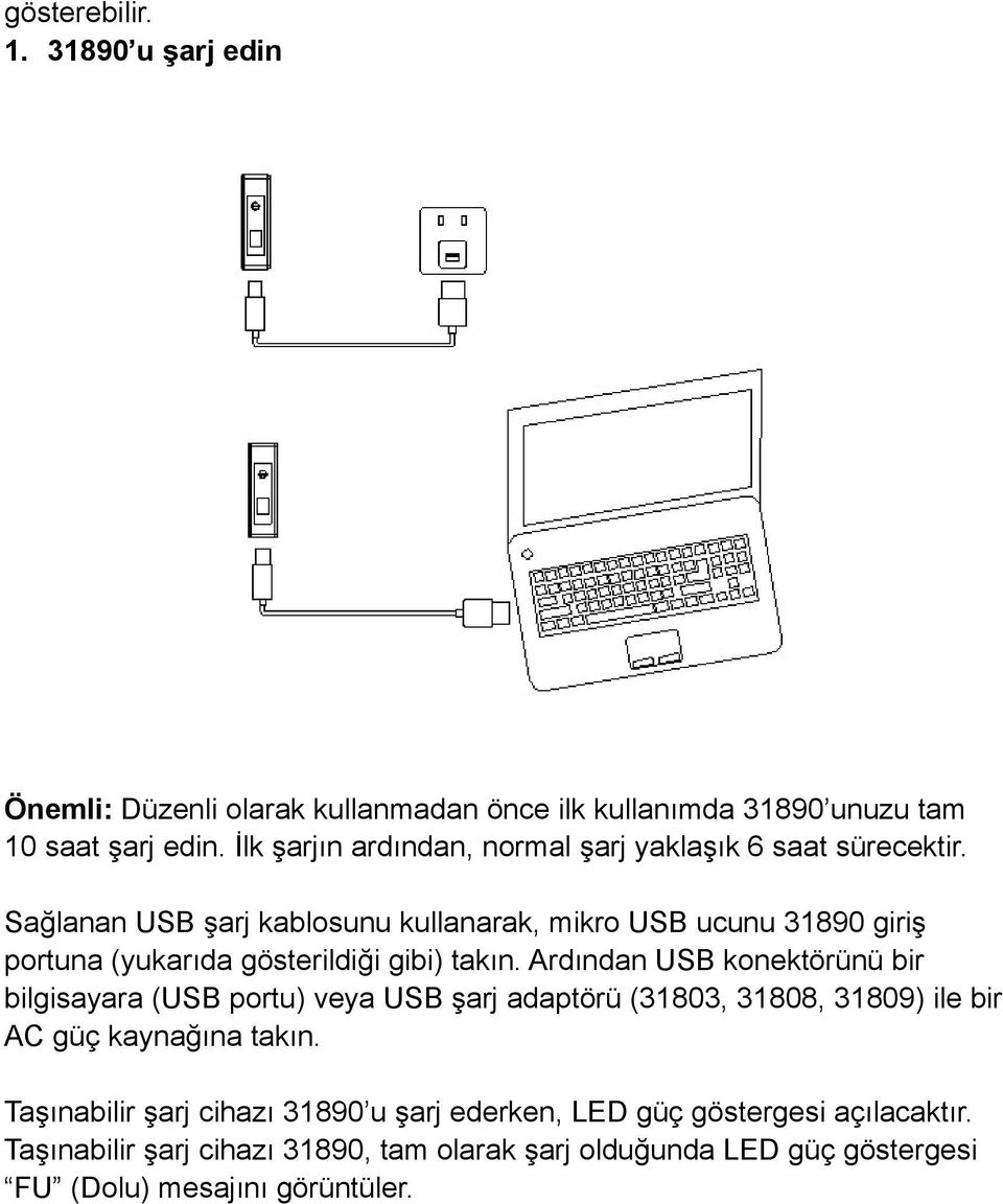 Sağlanan USB şarj kablosunu kullanarak, mikro USB ucunu 31890 giriş portuna (yukarıda gösterildiği gibi) takın.