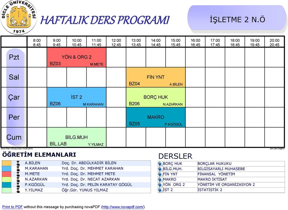 AZARKAN Yrd. Doç. Dr. NECAT AZARKAN P.KGÖGÜL Yrd. Doç. Dr. PELİN KARATAY GÖGÜL Y.YILMAZ Öğr.Gör.