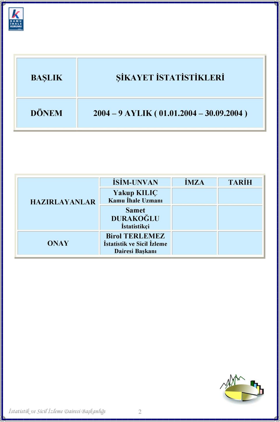 İhale Uzmanı Samet DURAKOĞLU İstatistikçi Birol TERLEMEZ İstatistik