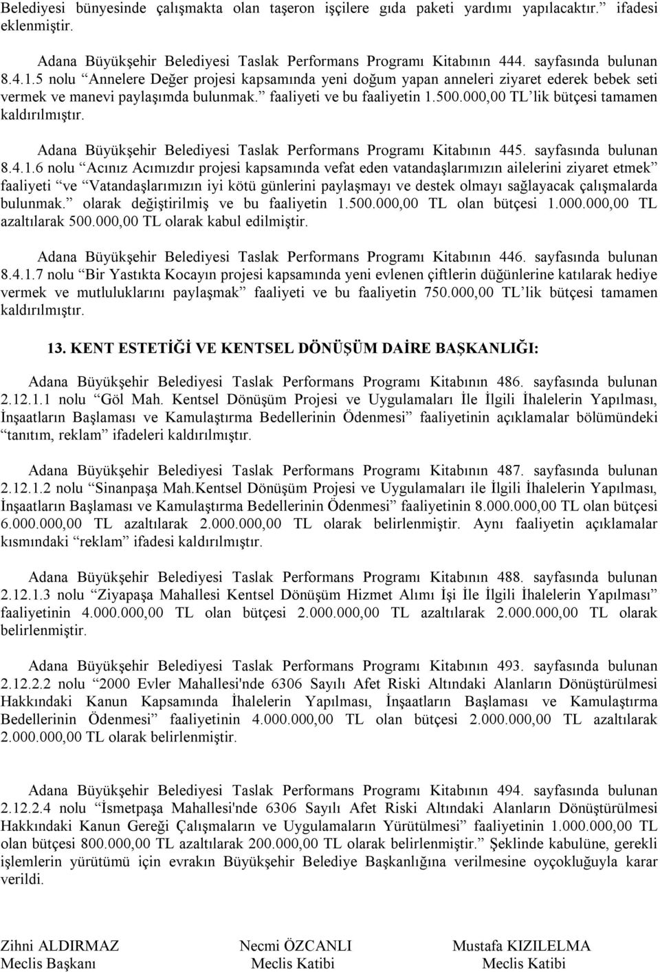 000,00 TL lik bütçesi tamamen kaldırılmıştır. Adana Büyükşehir Belediyesi Taslak Performans Programı Kitabının 445. sayfasında bulunan 8.4.1.
