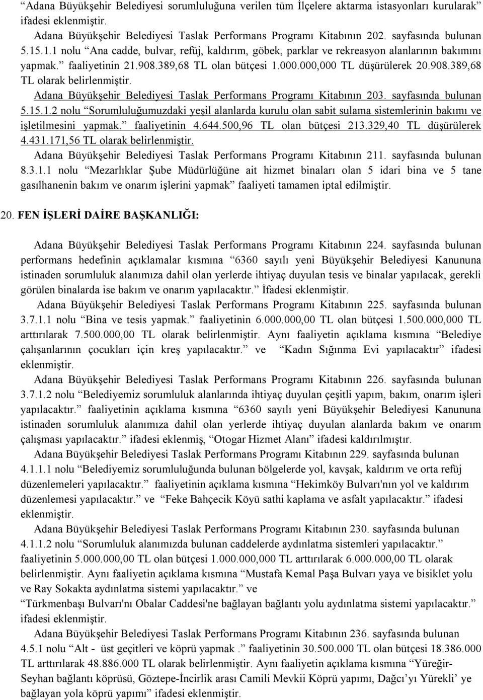 000,000 TL düşürülerek 20.908.389,68 TL olarak belirlenmiştir. Adana Büyükşehir Belediyesi Taslak Performans Programı Kitabının 203. sayfasında bulunan 5.15