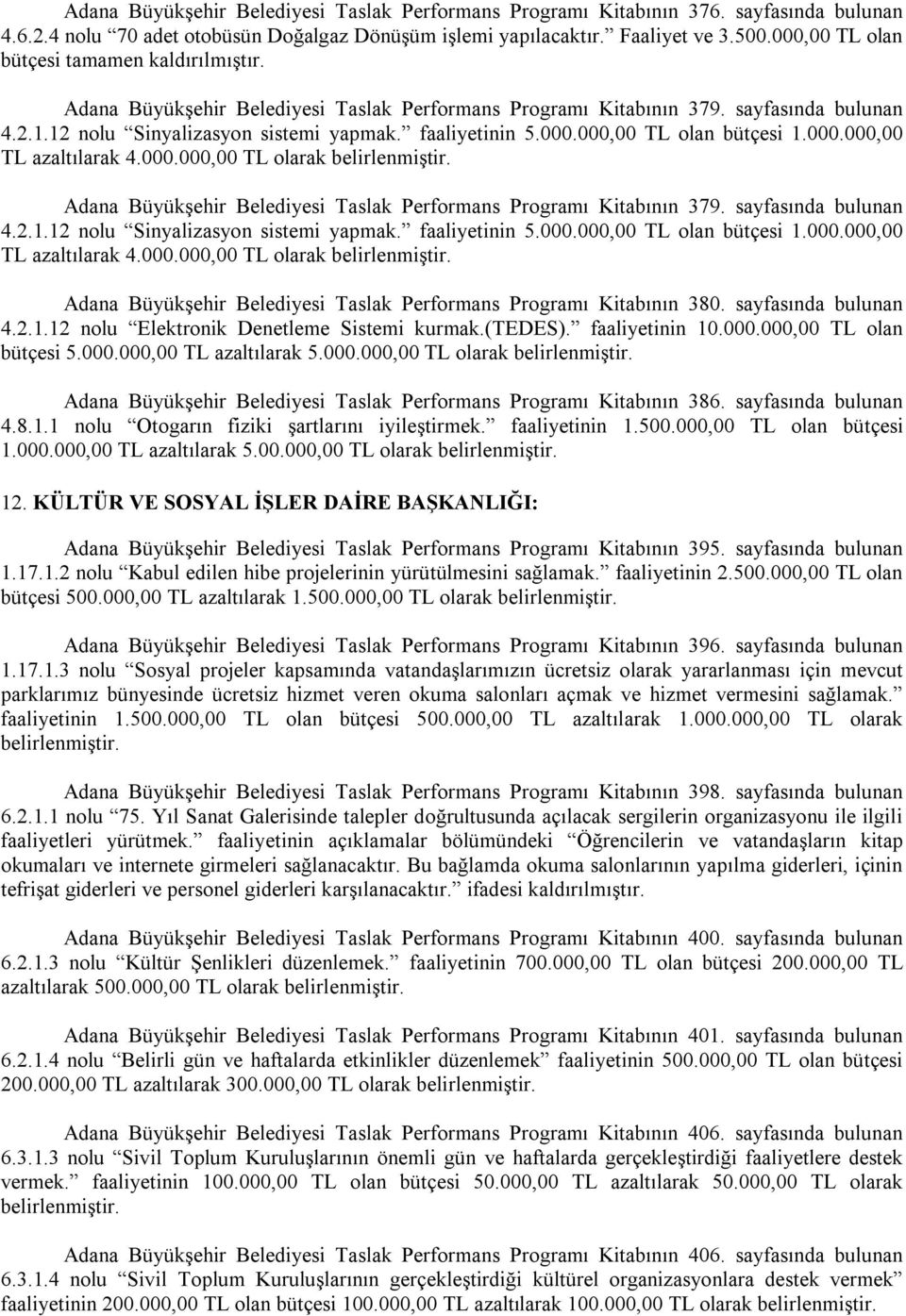 000.000,00 TL azaltılarak 4.000.000,00 TL olarak belirlenmiştir. Adana Büyükşehir Belediyesi Taslak Performans Programı Kitabının 379. sayfasında bulunan 4.2.1.12 nolu Sinyalizasyon sistemi yapmak.