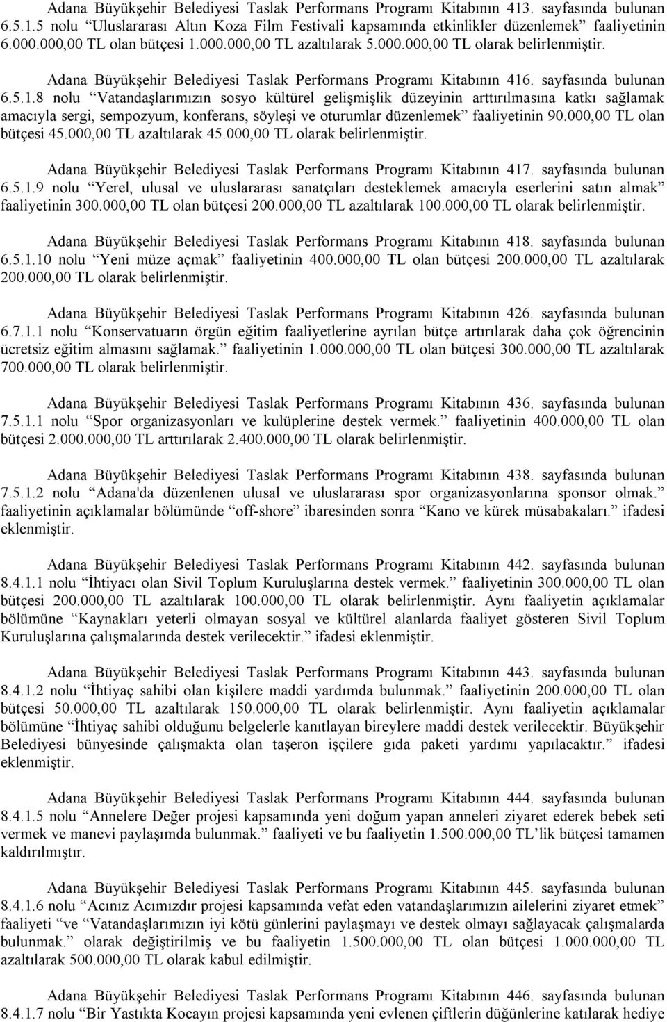 000.000,00 TL azaltılarak 5.000.000,00 TL olarak belirlenmiştir. Adana Büyükşehir Belediyesi Taslak Performans Programı Kitabının 416