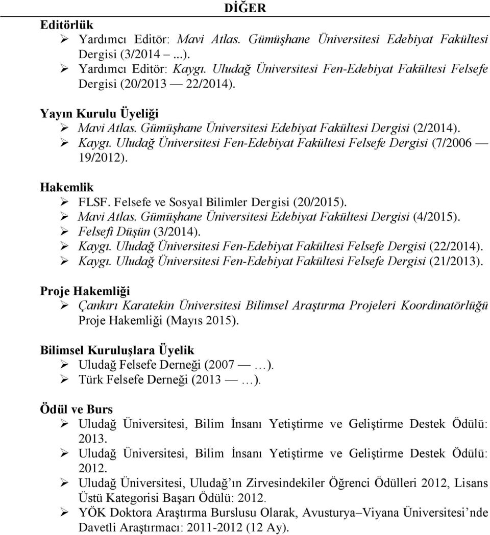 Uludağ Üniversitesi Fen-Edebiyat Fakültesi Felsefe Dergisi (7/2006 19/2012). Hakemlik FLSF. Felsefe ve Sosyal Bilimler Dergisi (20/2015). Mavi Atlas.