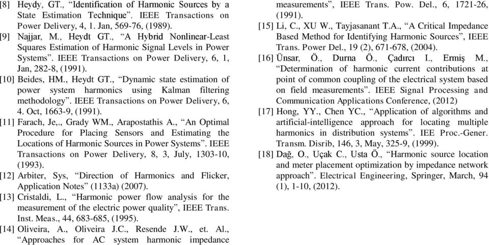, Dynamc state estmaton of power system harmoncs usng Kalman flterng methodology. IEEE Transactons on Power Delvery, 6, 4. Oct, 1663-9, (1991). [11] Farach, Je,., Grady WM., Arapostaths A.