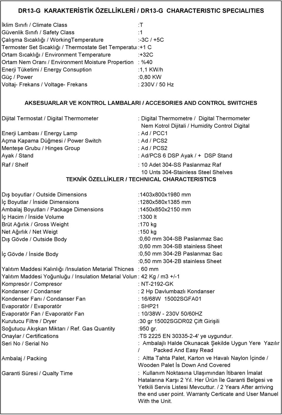 Power :0,80 KW Voltaj- Frekans / Voltage- Frekans : 30V / 50 Hz Dijital Termostat / Digital Thermometer Enerji Lambası / Energy Lamp Açma Kapama Düğmesi / Power Switch Menteşe Grubu / Hinges Group