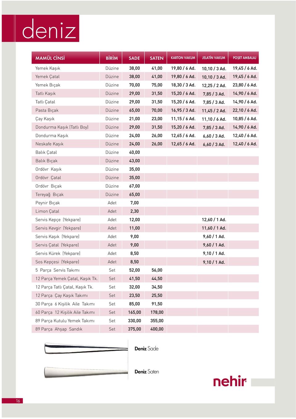 Tatlı Çatal Düzine 29,00 31,50 15,20 / 6 Ad. 7,85 / 3 Ad. 14,90 / 6 Ad. Pasta Bıçak Düzine 65,00 70,00 16,95 / 3 Ad. 11,45 / 2 Ad. 22,10 / 6 Ad. Çay Kaşık Düzine 21,00 23,00 11,15 / 6 Ad.