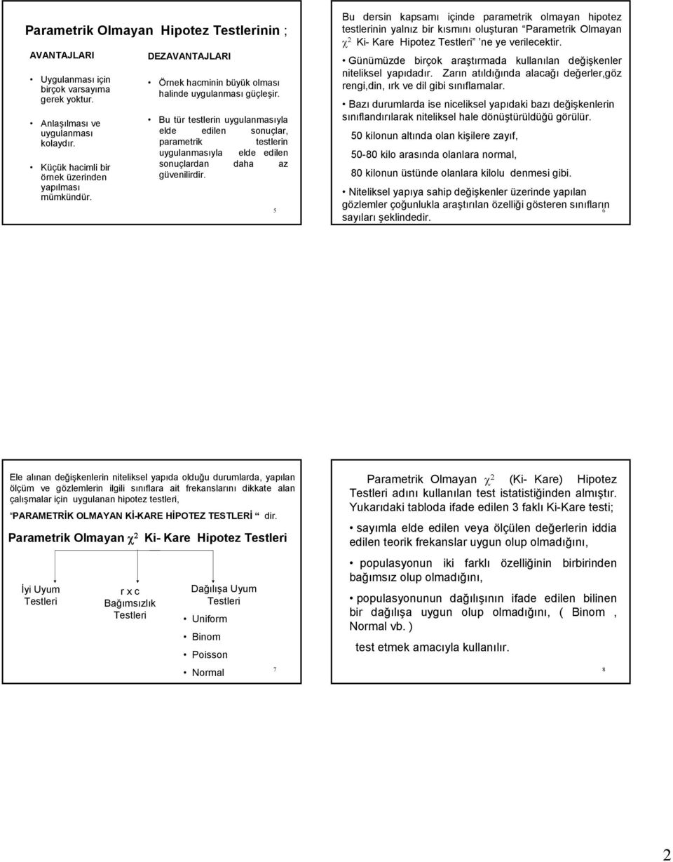 5 u dersn apsamı çnde parametr olmayan hpotez testlernn yalnız br ısmını oluşturan Parametr Olmayan K- Kare Hpotez Testler ne ye verlecetr.