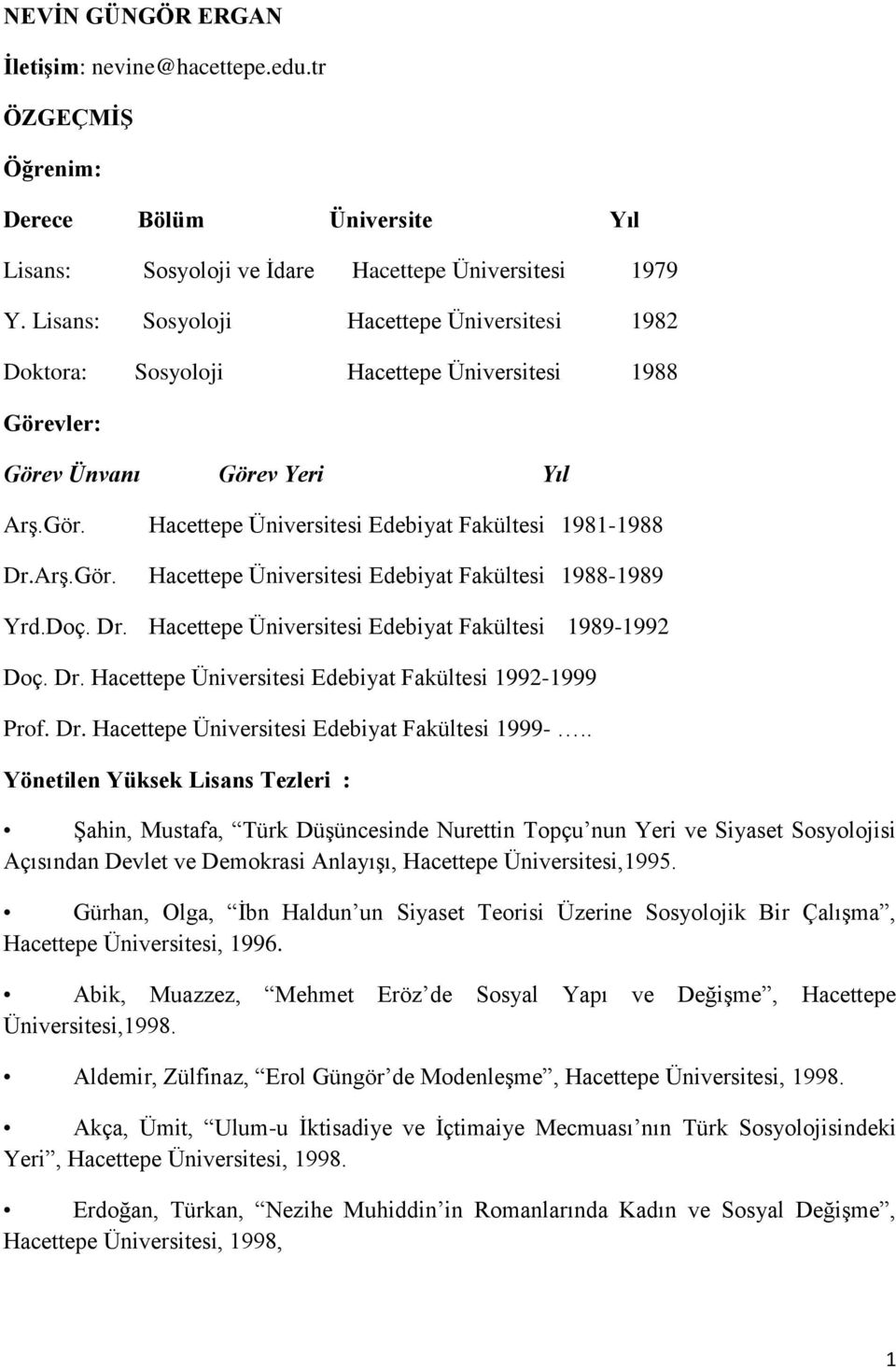 Doç. Dr. Hacettepe Üniversitesi Edebiyat Fakültesi 1989-1992 Doç. Dr. Hacettepe Üniversitesi Edebiyat Fakültesi 1992-1999 Prof. Dr. Hacettepe Üniversitesi Edebiyat Fakültesi 1999-.