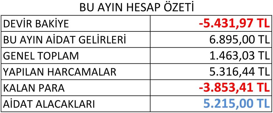 HESAP ÖZETİ -5.431,97 TL 6.895,00 TL 1.