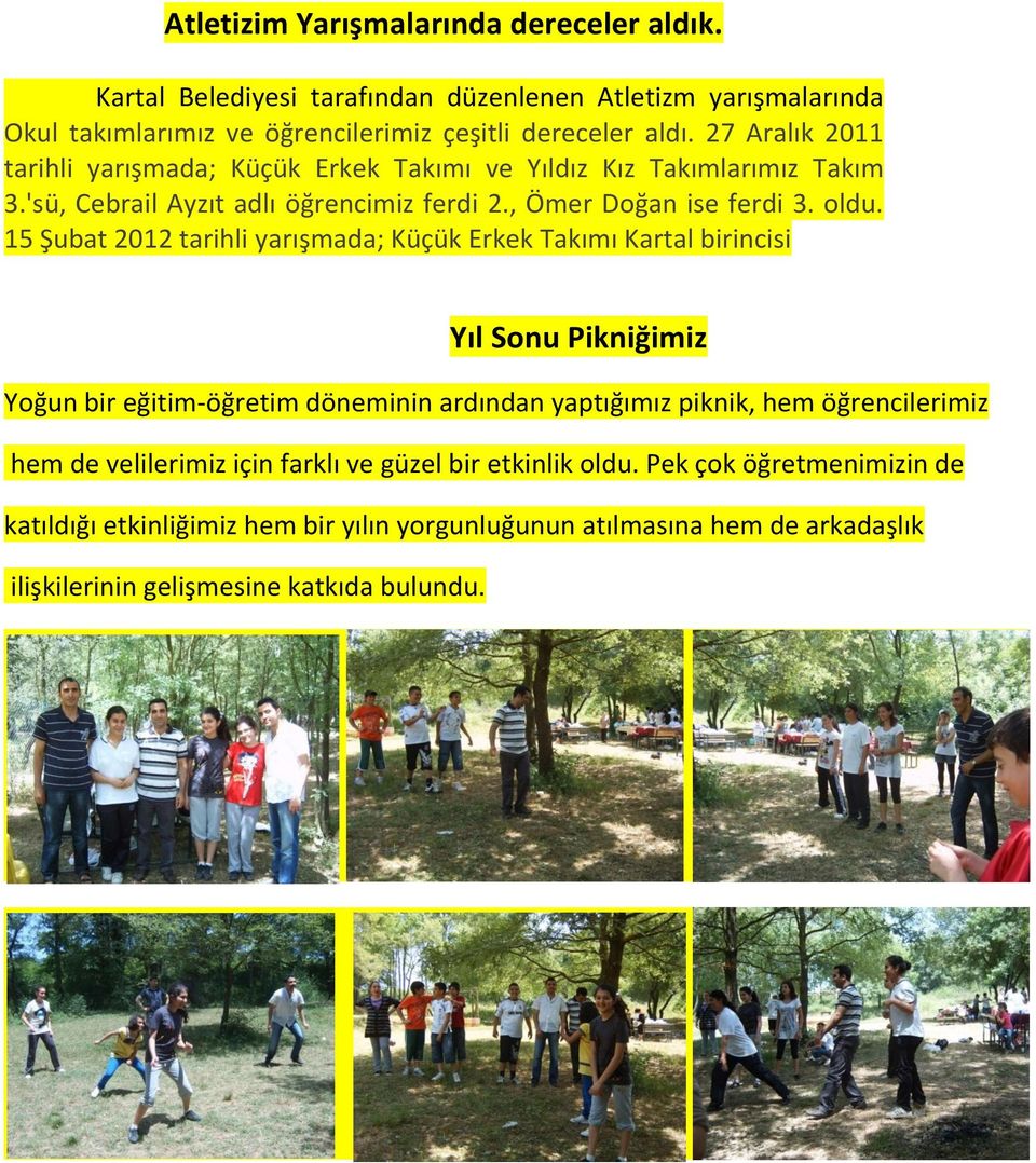 15 Şubat 2012 tarihli yarışmada; Küçük Erkek Takımı Kartal birincisi Yıl Sonu Pikniğimiz Yoğun bir eğitim-öğretim döneminin ardından yaptığımız piknik, hem öğrencilerimiz hem