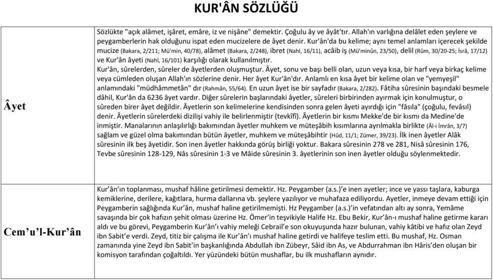 Kur'ân'da bu kelime; aynı temel anlamları içerecek şekilde mucize (Bakara, 2/211; Mü'min, 40/78), alâmet (Bakara, 2/248), ibret (Nahl, 16/11), acâib iş (Mü'minûn, 23/50), delil (Rûm, 30/20-25; İsrâ,