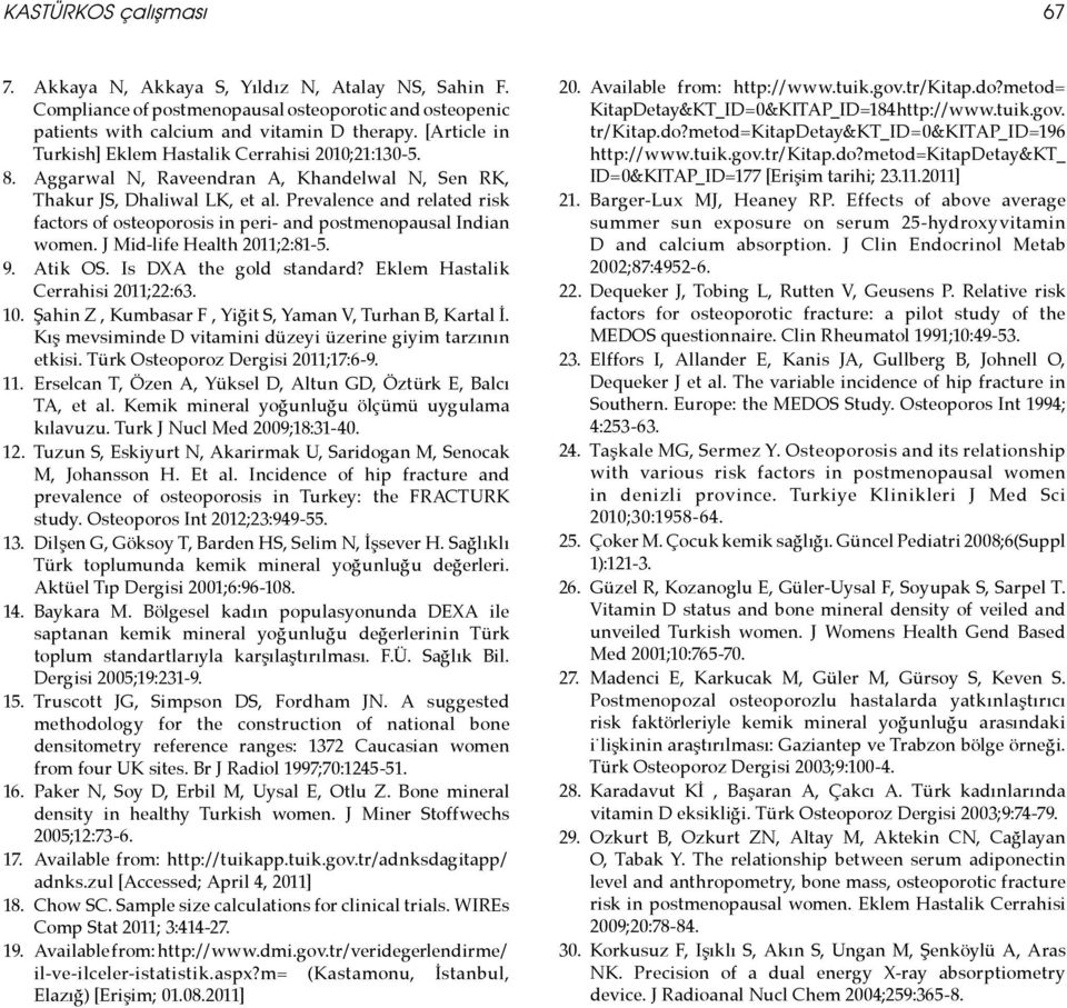 Prevalence and related risk factors of osteoporosis in peri- and postmenopausal Indian women. J Mid-life Health 2011;2:81-5. 9. Atik OS. Is DXA the gold standard? Eklem Hastalik Cerrahisi 2011;22:63.