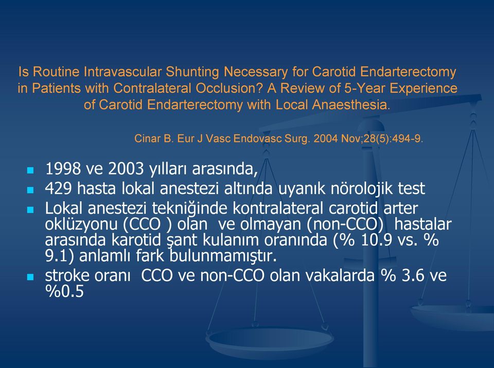1998 ve 2003 yılları arasında, 429 hasta lokal anestezi altında uyanık nörolojik test Lokal anestezi tekniğinde kontralateral carotid arter