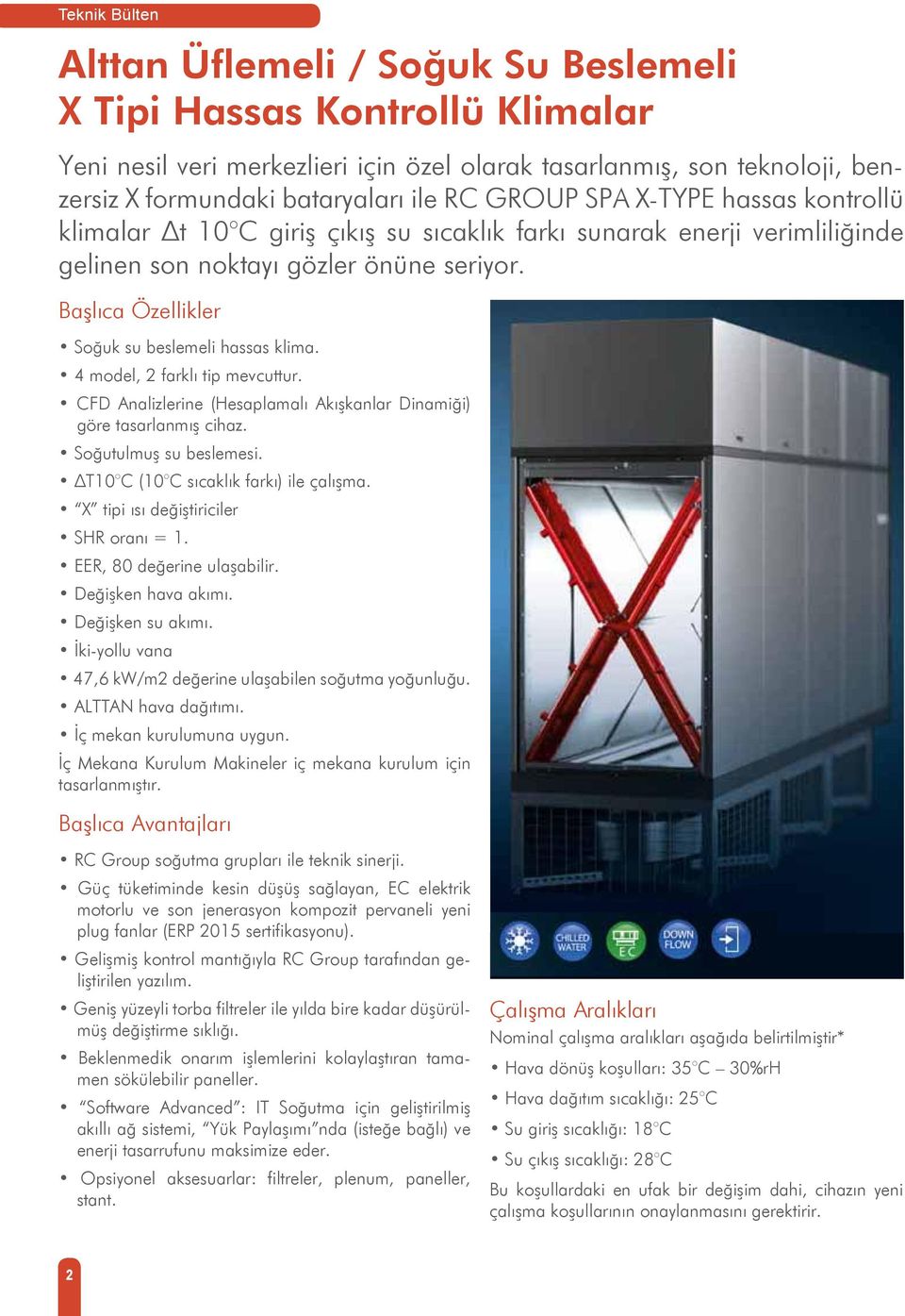 Başlıca Özellikler Soğuk su beslemeli hassas klima. 4 model, 2 farklı tip mevcuttur. CFD Analizlerine (Hesaplamalı Akışkanlar Dinamiği) göre tasarlanmış cihaz. Soğutulmuş su beslemesi.