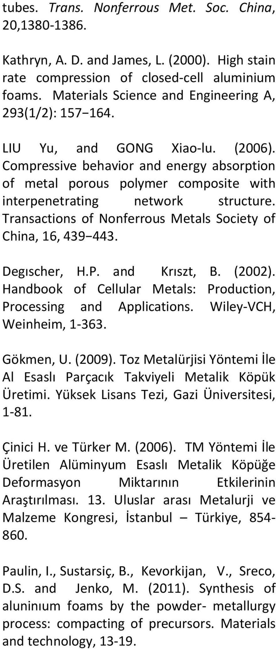 Compressive behavior and energy absorption of metal porous polymer composite with interpenetrating network structure. Transactions of Nonferrous Metals Society of China, 16, 439 443. Degıscher, H.P.