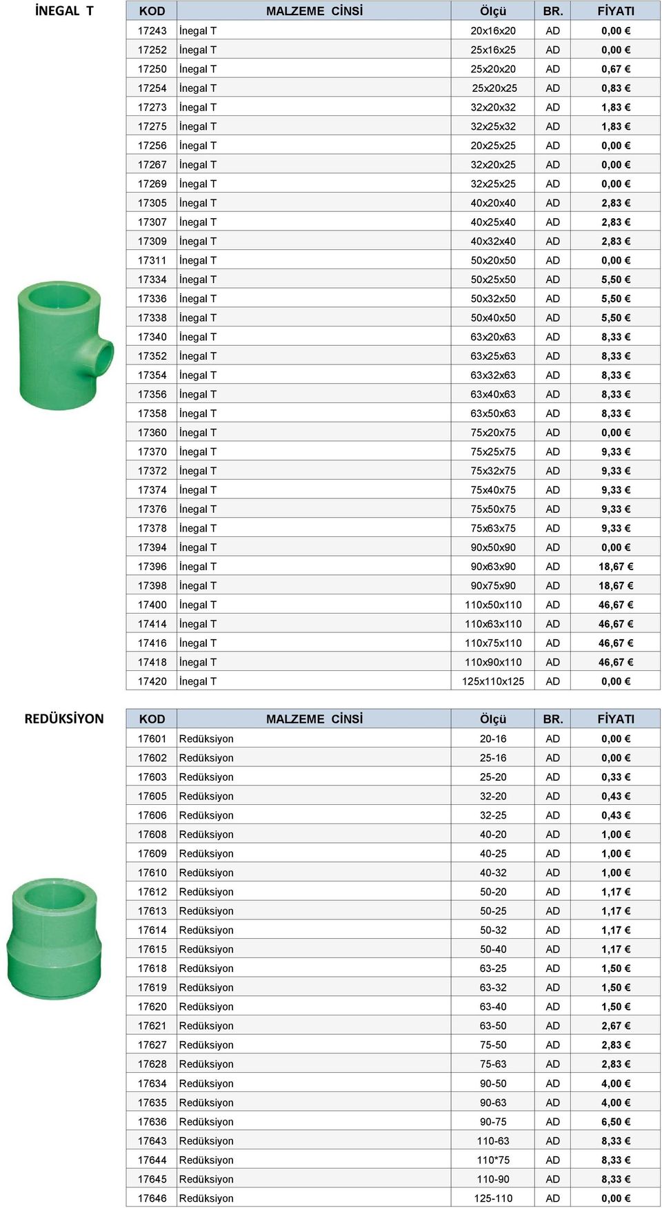 17311 İnegal T 50x20x50 AD 0,00 17334 İnegal T 50x25x50 AD 5,50 17336 İnegal T 50x32x50 AD 5,50 17338 İnegal T 50x40x50 AD 5,50 17340 İnegal T 63x20x63 AD 8,33 17352 İnegal T 63x25x63 AD 8,33 17354