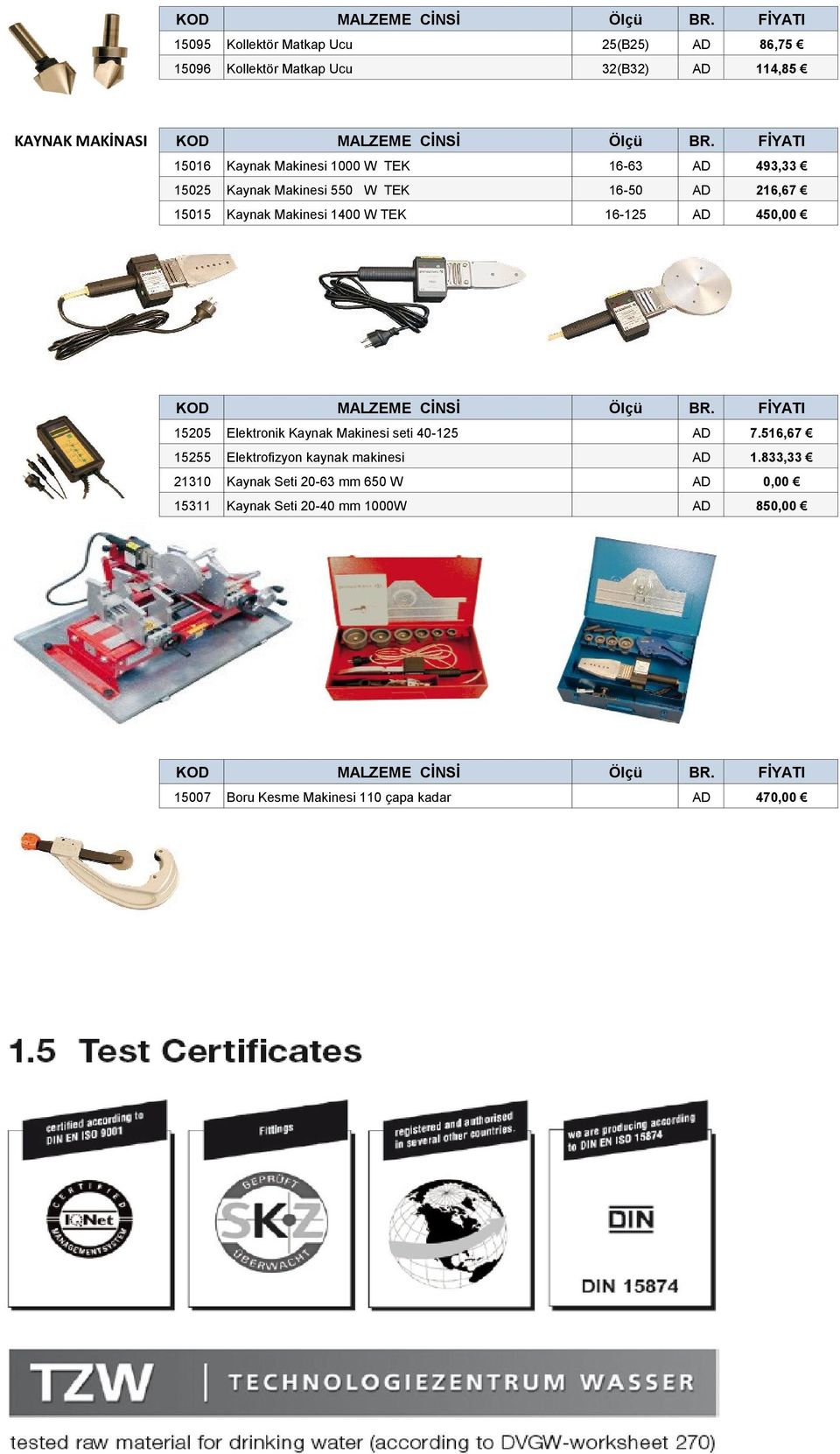 16-125 AD 450,00 15205 Elektronik Kaynak Makinesi seti 40-125 AD 7.516,67 15255 Elektrofizyon kaynak makinesi AD 1.