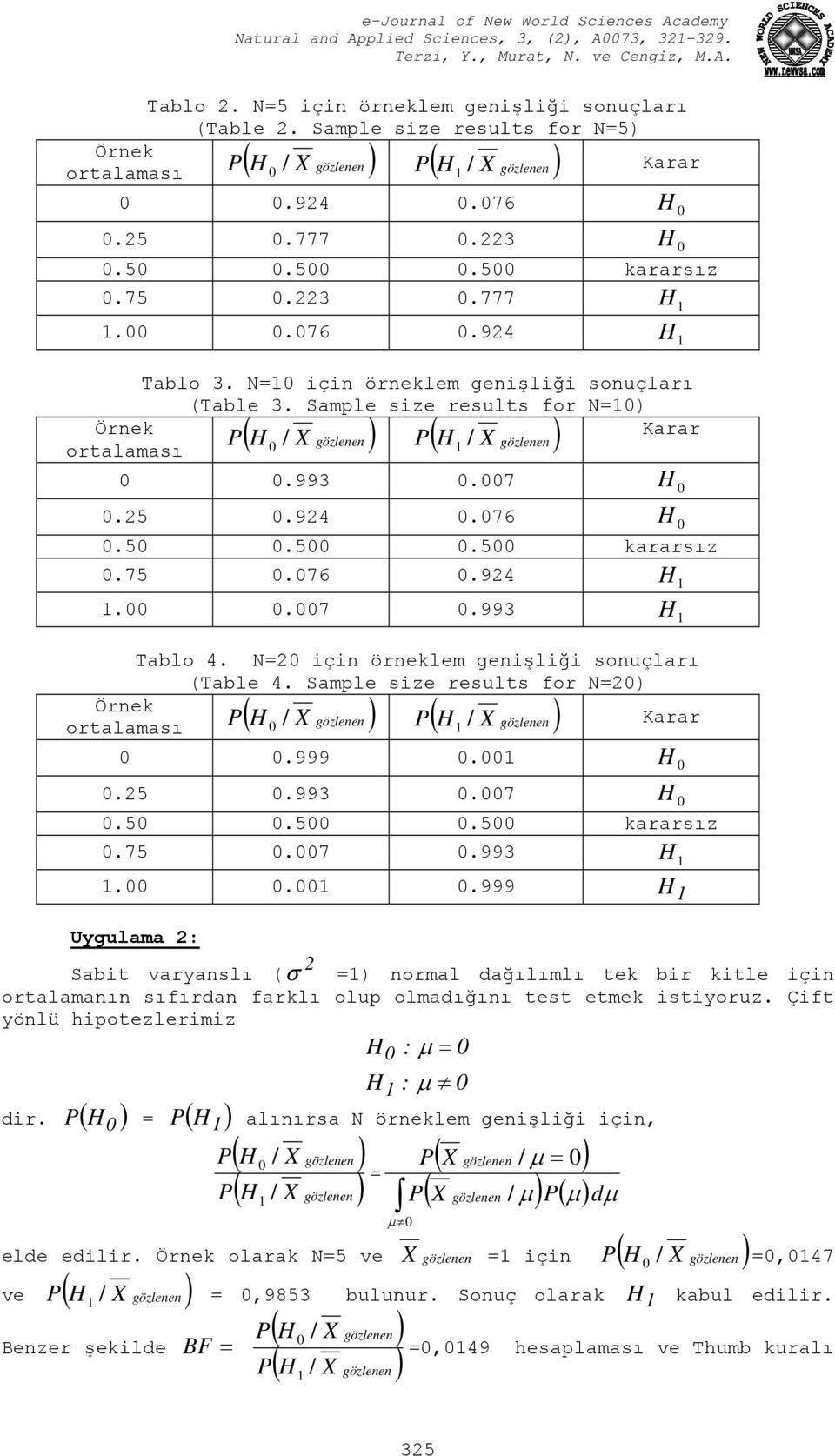 N için örneklem genişliği sonuçları (Table 4. Sample size results for N Örnek P H / X gözlenen P ( H / X gözlenen Karar ortalaması.999. H.5.993.7 H.5.5.5 kararsız.75.7.993 H.