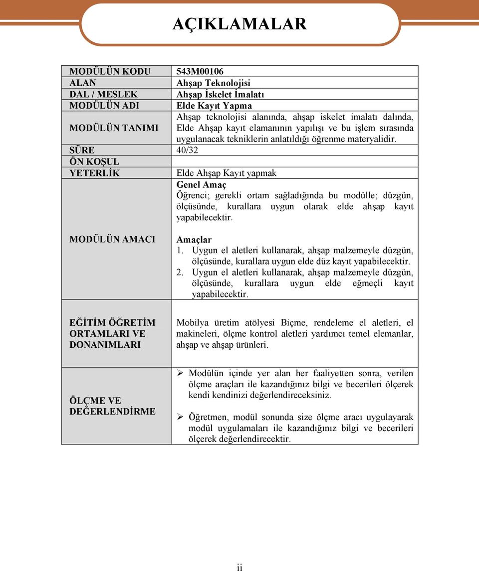 SÜRE 40/32 ÖN KOŞUL YETERLİK Elde Ahşap Kayıt yapmak Genel Amaç Öğrenci; gerekli ortam sağladığında bu modülle; düzgün, ölçüsünde, kurallara uygun olarak elde ahşap kayıt yapabilecektir.