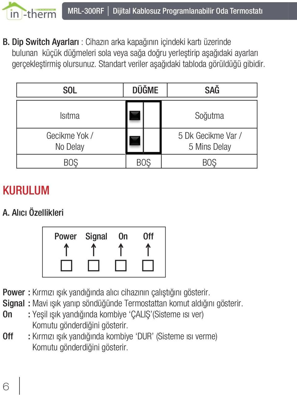 Alıcı Özellikleri Power Signal On Off Power : Kırmızı ışık yandığında alıcı cihazının çalıştığını gösterir.