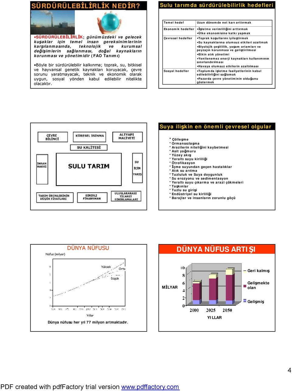 ve kurumsal değişimlerin sağlanması, doğal kaynakların korunması ve yönetimidir (FAO Tanımı) Böyle bir sürdürülebilir kalkınma; toprak, su, bitkisel ve hayvansal genetik kaynakları koruyacak, çevre