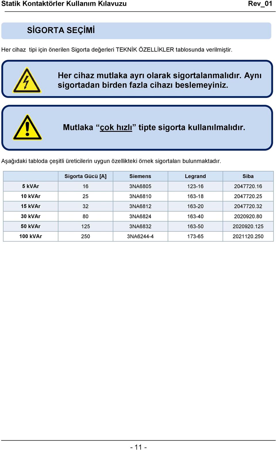 Aşağıdaki tabloda çeşitli üreticilerin uygun özellikteki örnek sigortaları bulunmaktadır.