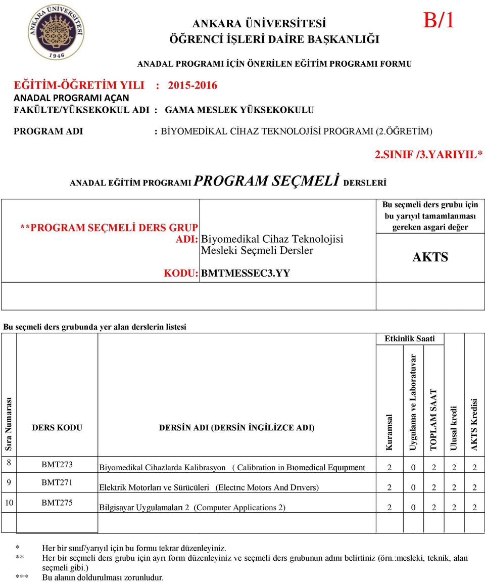 YY Bu seçmeli ders grubu için bu yarıyıl tamamlanması gereken asgari değer AKTS Bu seçmeli ders grubunda yer alan derslerin listesi 8 BMT273 Biyomedikal Cihazlarda Kalibrasyon ( Calibration in