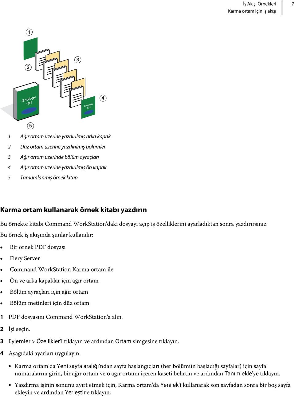 Bu örnek iş akışında şunlar kullanılır: Bir örnek PDF dosyası Fiery Server Command WorkStation Karma ortam ile Ön ve arka kapaklar için ağır ortam Bölüm ayraçları için ağır ortam Bölüm metinleri için