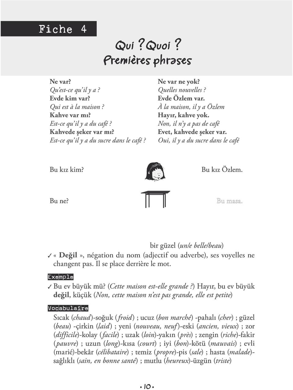 Oui, il y a du sucre dans le café Bu kız kim? Bu kız Özlem. Bu ne? Bu masa. «bir güzel (un/e belle/beau) Değil», négation du nom (adjectif ou adverbe), ses voyelles ne changent pas.