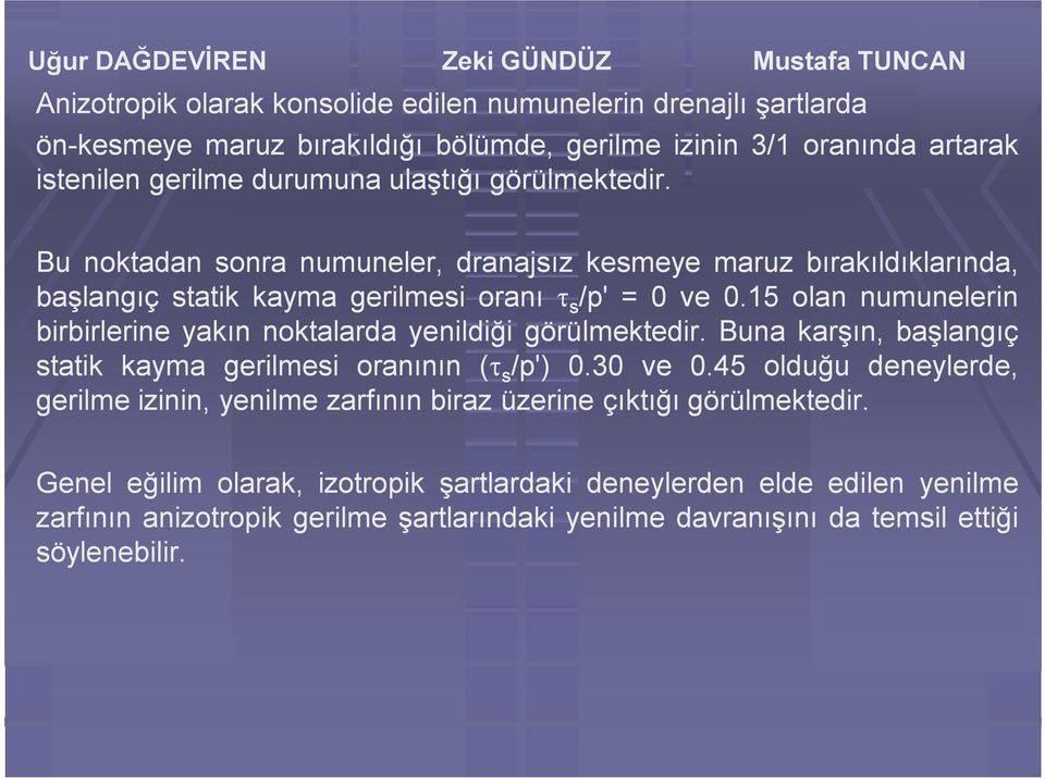 15 olan numunelerin birbirlerine yakın noktalarda yenildiği görülmektedir. Buna karşın, başlangıç statik kayma gerilmesi oranının ( s /p') 0.30 ve 0.