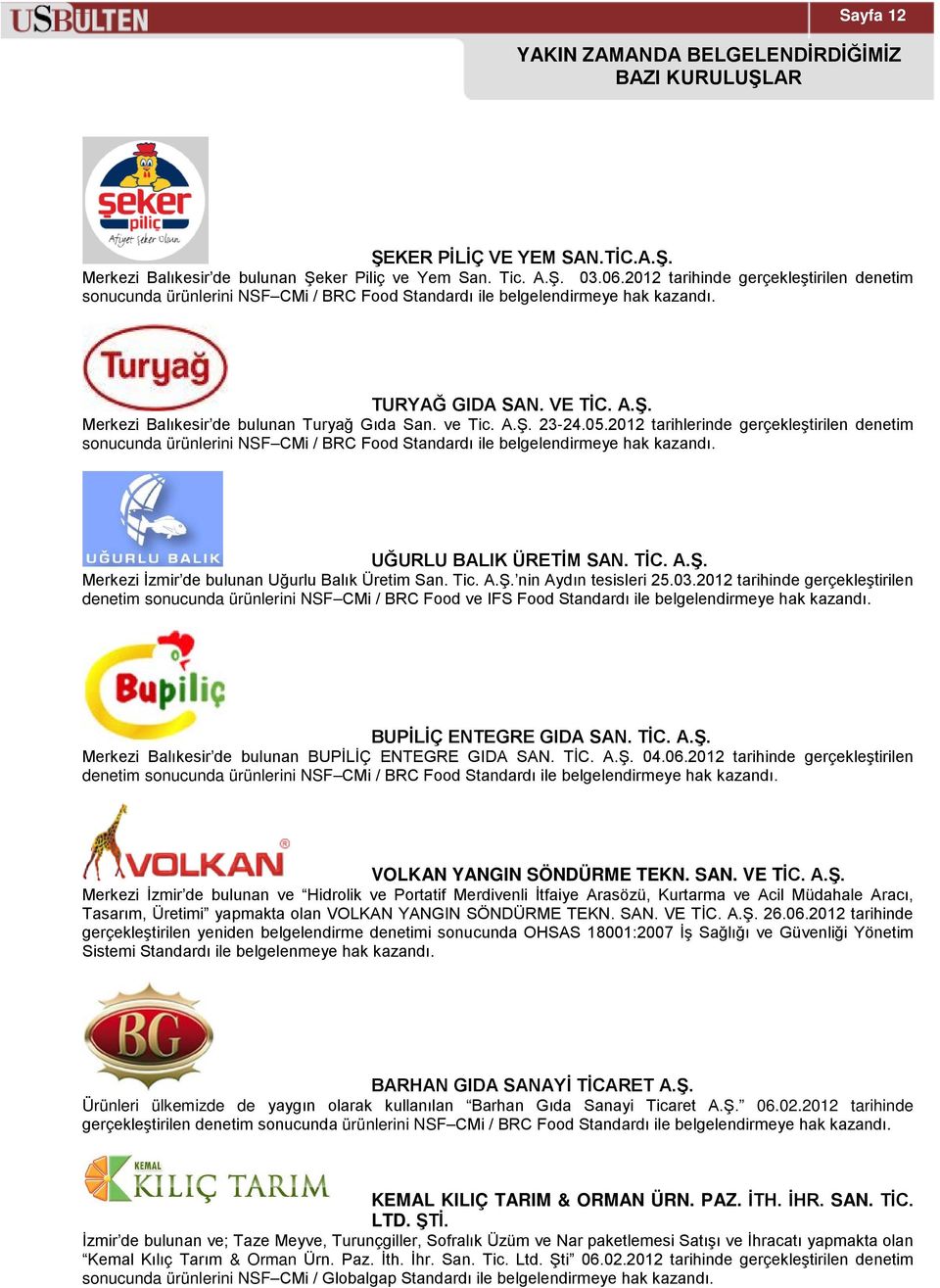 ve Tic. A.Ş. 23-24.05.2012 tarihlerinde gerçekleştirilen denetim sonucunda ürünlerini NSF CMi / BRC Food Standardı ile belgelendirmeye hak kazandı. UĞURLU BALIK ÜRETİM SAN. TİC. A.Ş. Merkezi İzmir de bulunan Uğurlu Balık Üretim San.